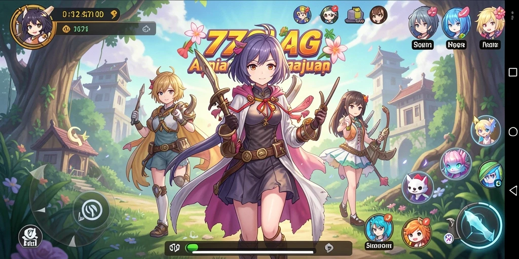 Tangkapan layar gameplay 77AG menunjukkan visual anime yang memukau.