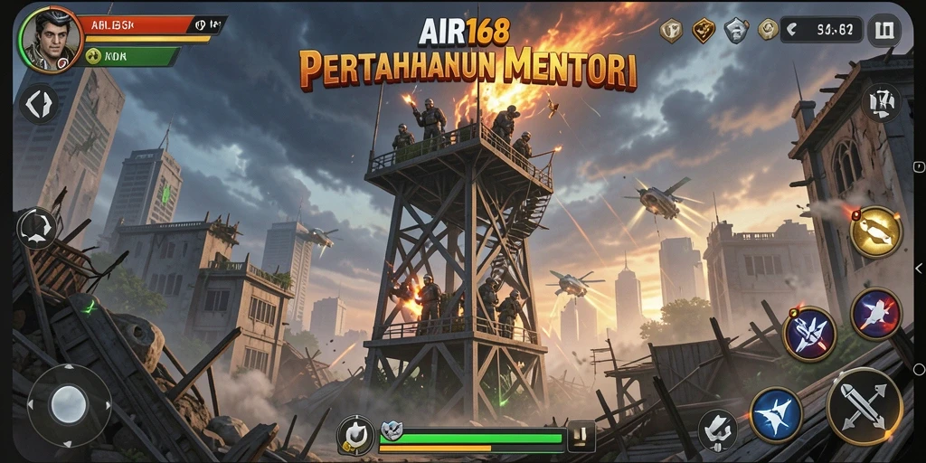 Tampilan gameplay menegangkan dalam AIR168 dengan menara strategis.