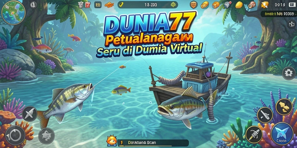Screenshot gameplay seru DUNIA77 dengan aksi memancing yang menegangkan.